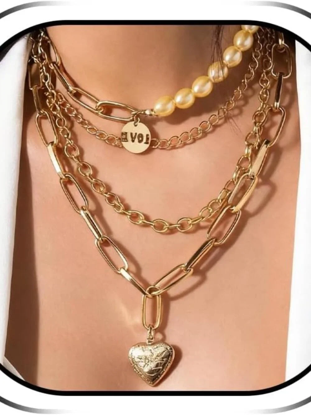 Layered Necklaces for Women Gold Pearl Heart Chunky Pendant Dainty Trendy Neckla